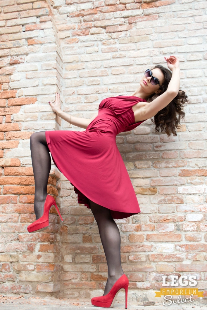 Elena - Red Dress, Black Stockings, Colorful Wall